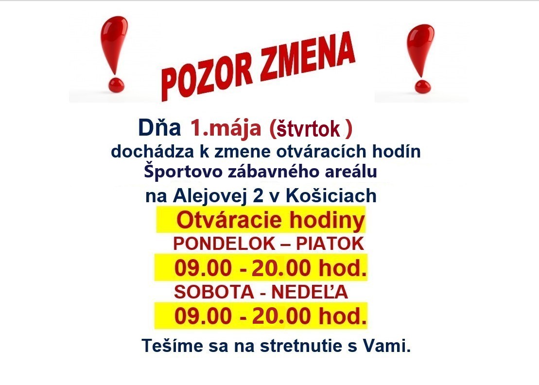 Športovo-zábavný areál na Alejovej 2H v Košiciach: OTVÁRACIE HODINY